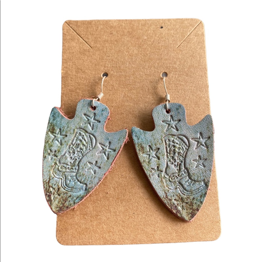 Leather Cowboy Boot Stamped Arrowhead Shape Drop Earrings
